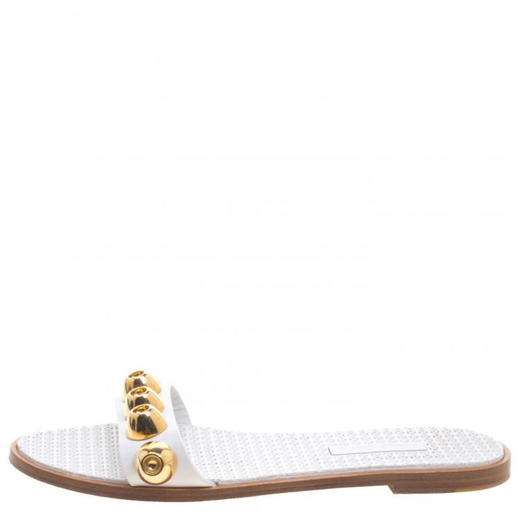 Pre Owned Miu Miu White Studded Leather Flat Slides Size 36.5