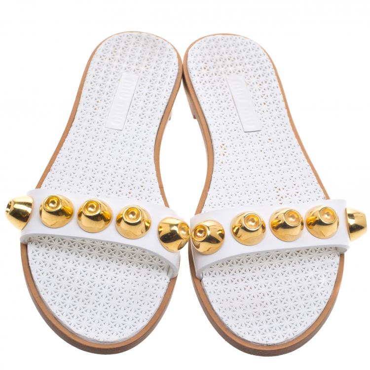Pre Owned Miu Miu White Studded Leather Flat Slides Size 36.5
