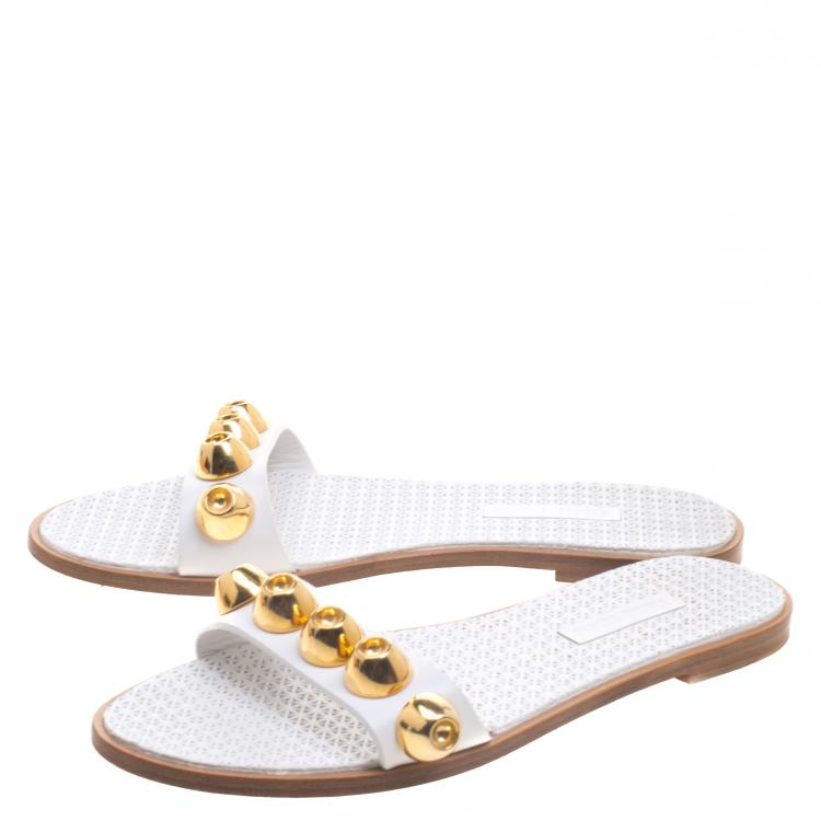 Pre Owned Miu Miu White Studded Leather Flat Slides Size 36.5