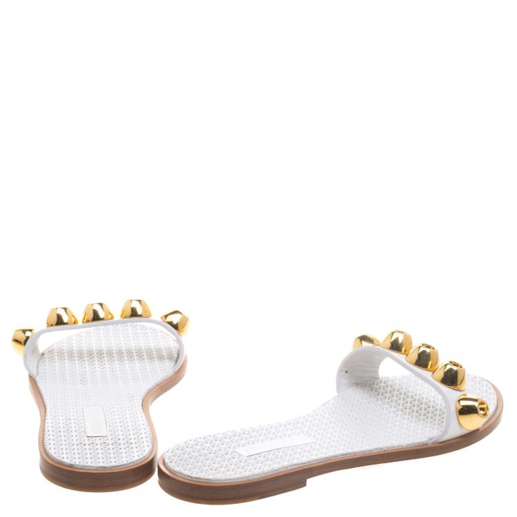 Pre Owned Miu Miu White Studded Leather Flat Slides Size 36.5