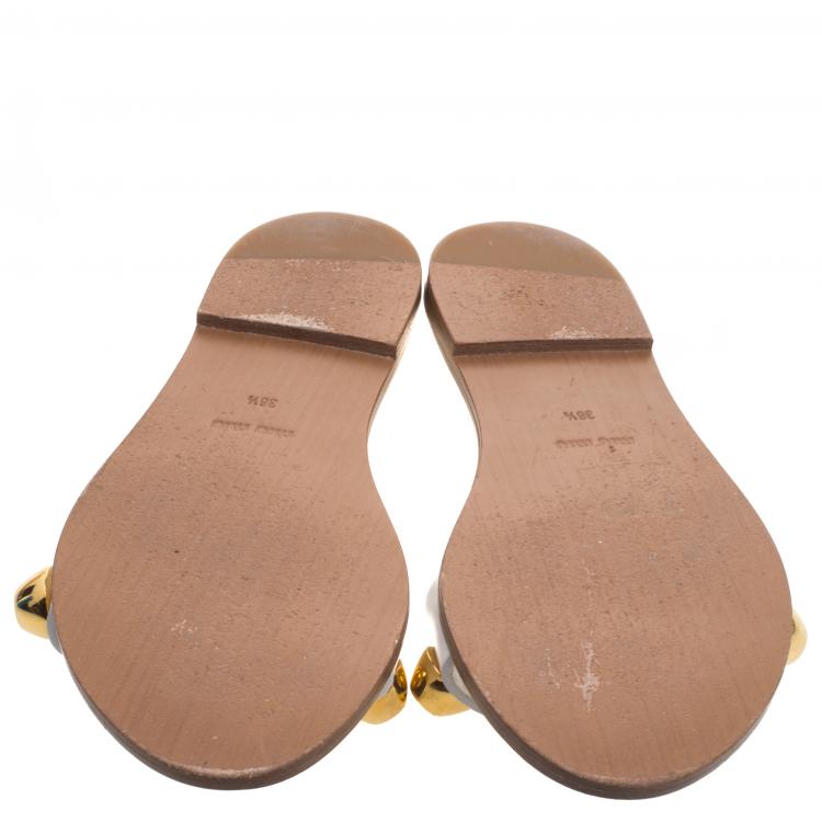 Pre Owned Miu Miu White Studded Leather Flat Slides Size 36.5