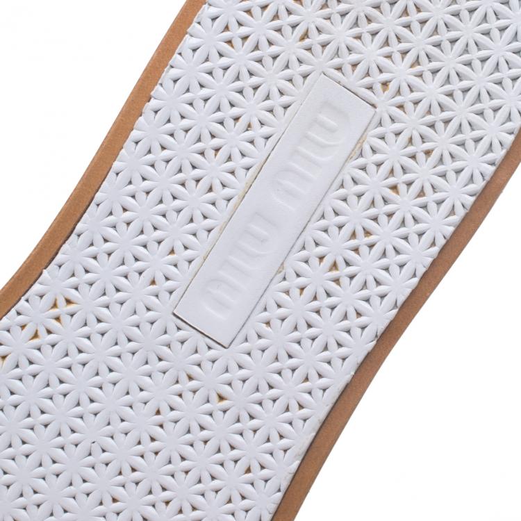 Pre Owned Miu Miu White Studded Leather Flat Slides Size 36.5