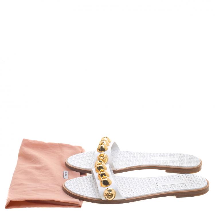 Pre Owned Miu Miu White Studded Leather Flat Slides Size 36.5