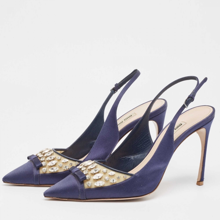 Pre Owned Miu Miu Navy Blue Satin and PVC Crystal Embellished Slingback Pumps Size 40