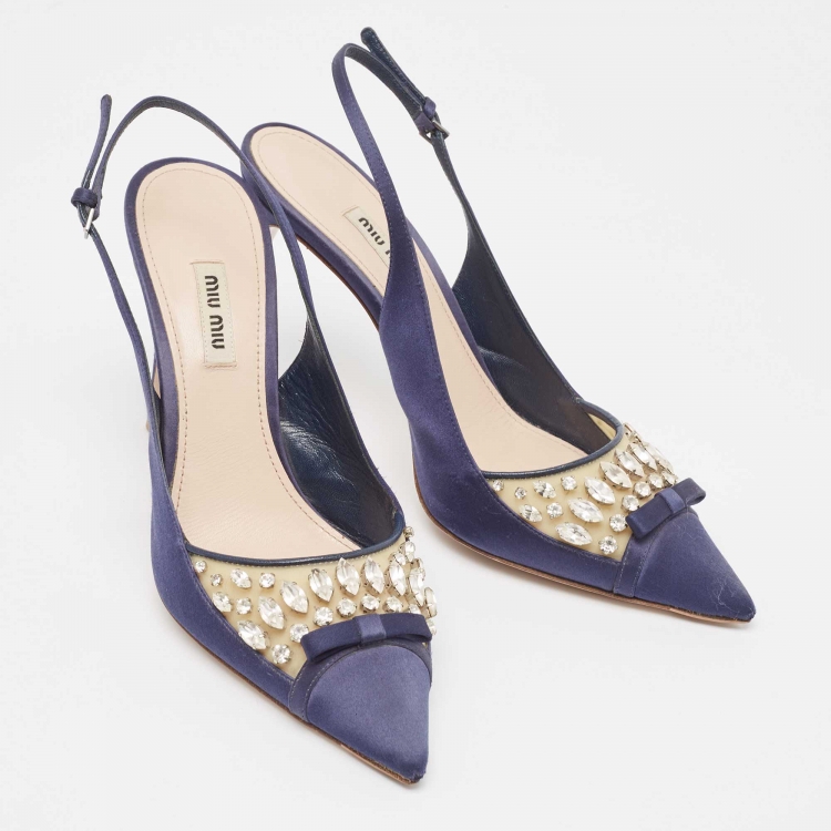 Pre Owned Miu Miu Navy Blue Satin and PVC Crystal Embellished Slingback Pumps Size 40