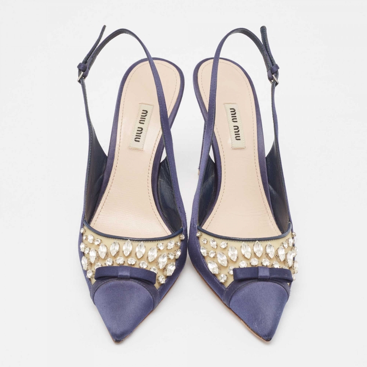 Pre Owned Miu Miu Navy Blue Satin and PVC Crystal Embellished Slingback Pumps Size 40