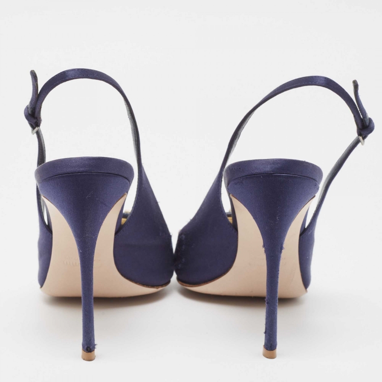 Pre Owned Miu Miu Navy Blue Satin and PVC Crystal Embellished Slingback Pumps Size 40