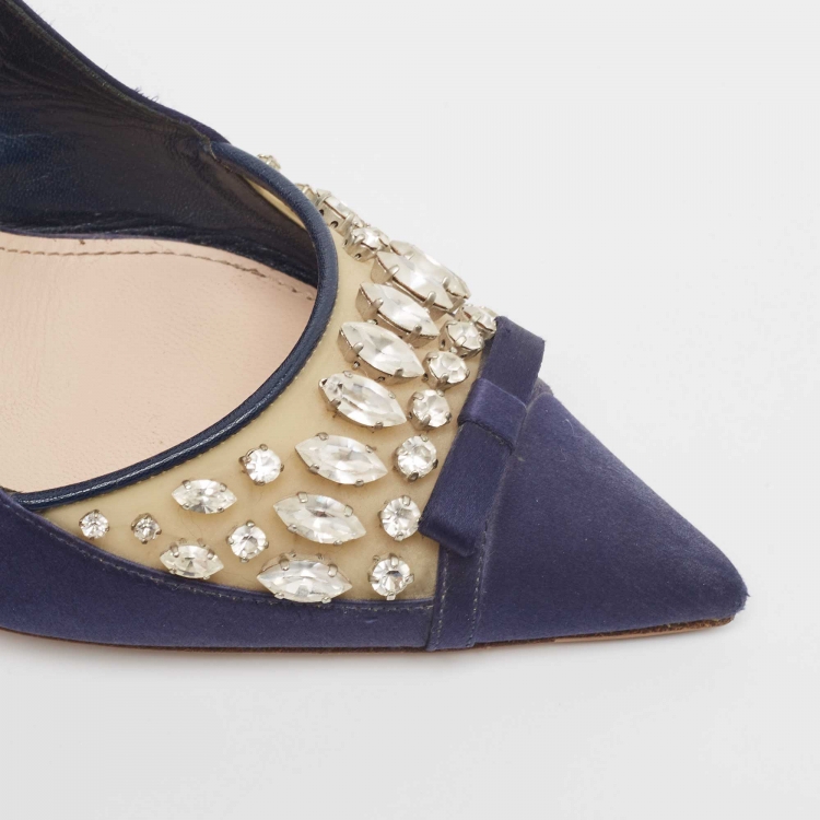 Pre Owned Miu Miu Navy Blue Satin and PVC Crystal Embellished Slingback Pumps Size 40