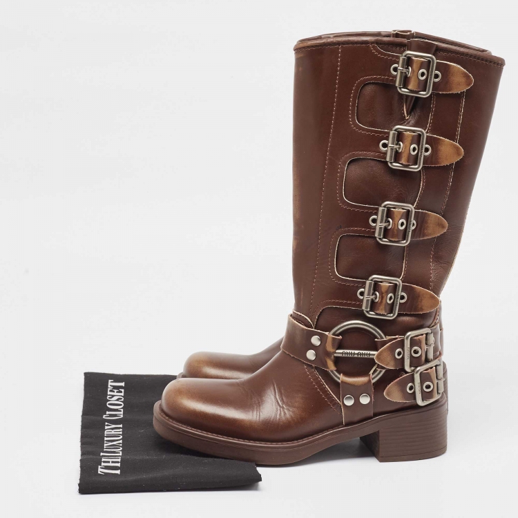 Pre Owned Miu Miu Brown Leather Buckle Knee Length Boots Size 36