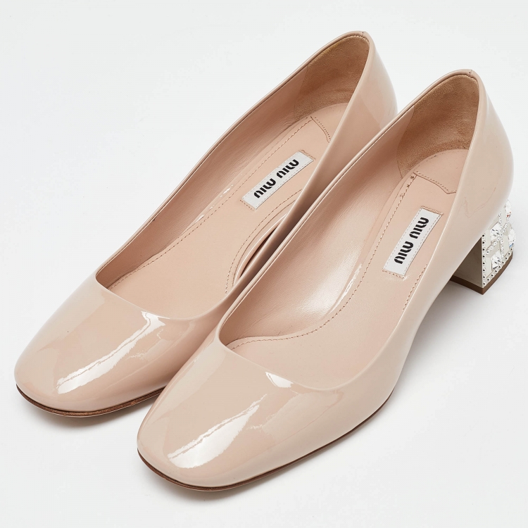Pre Owned Miu Miu Pink Patent Leather Crystal Embellished Heel Pumps Size 37.5