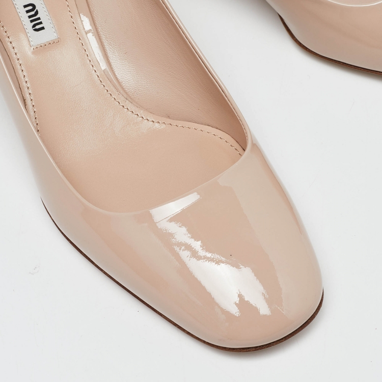 Pre Owned Miu Miu Pink Patent Leather Crystal Embellished Heel Pumps Size 37.5