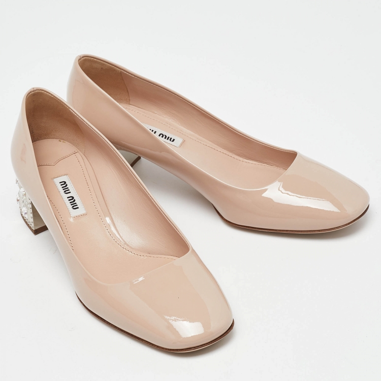 Pre Owned Miu Miu Pink Patent Leather Crystal Embellished Heel Pumps Size 37.5