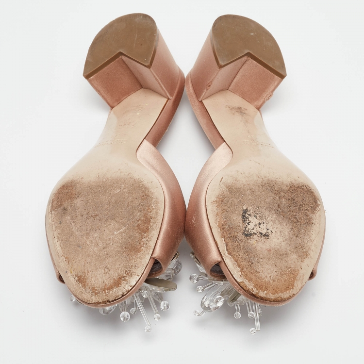 Pre Owned Miu Miu Light Pink Satin Crystal Embellished Slide Sandals Size 38