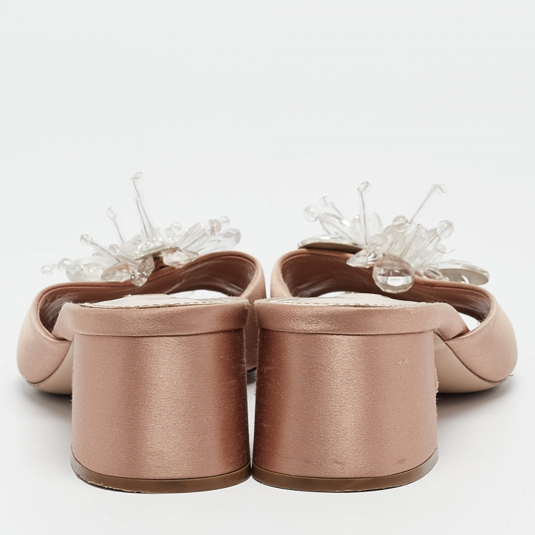 Pre Owned Miu Miu Light Pink Satin Crystal Embellished Slide Sandals Size 38