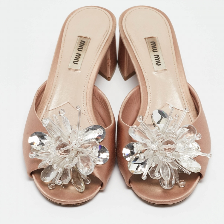Pre Owned Miu Miu Light Pink Satin Crystal Embellished Slide Sandals Size 38
