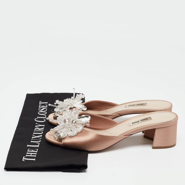 Pre Owned Miu Miu Light Pink Satin Crystal Embellished Slide Sandals Size 38