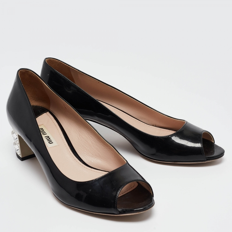 Pre Owned Miu Miu Black Patent Leather Crystals Heel Peep Toe Pumps Size 36