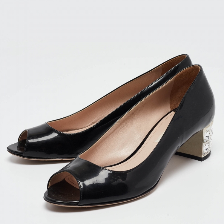 Pre Owned Miu Miu Black Patent Leather Crystals Heel Peep Toe Pumps Size 36
