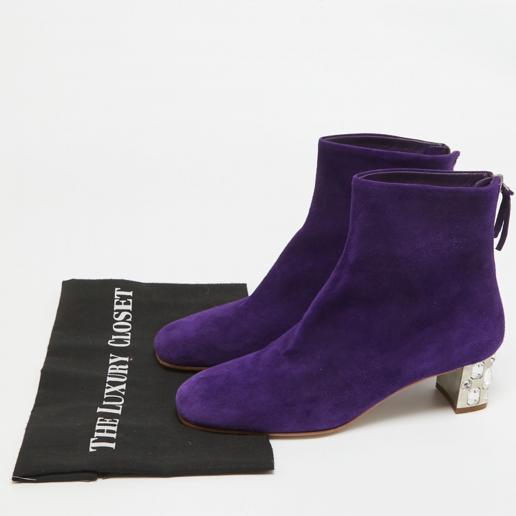 Pre Owned Miu Miu Purple Suede  Crystal Embellished Ankle Boots Size 37