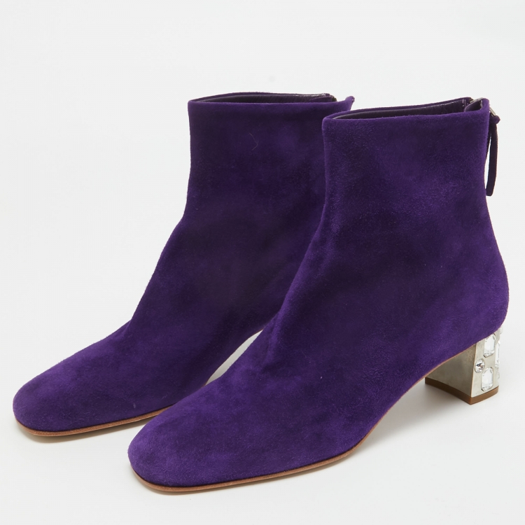 Pre Owned Miu Miu Purple Suede  Crystal Embellished Ankle Boots Size 37