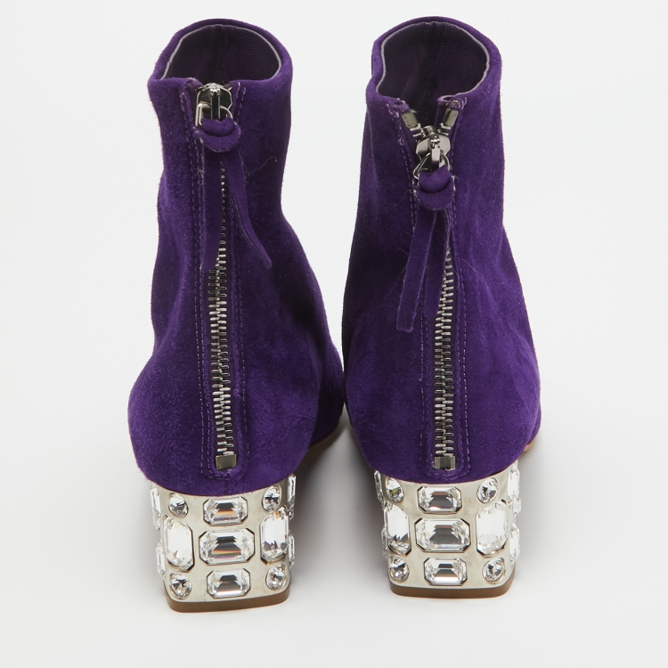 Pre Owned Miu Miu Purple Suede  Crystal Embellished Ankle Boots Size 37