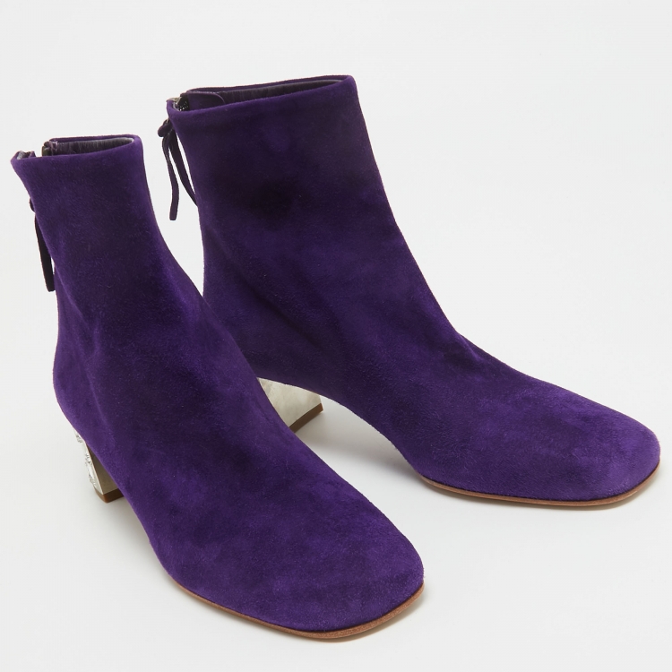 Pre Owned Miu Miu Purple Suede  Crystal Embellished Ankle Boots Size 37