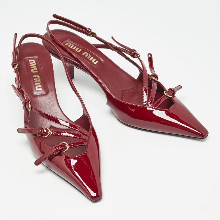Pre Owned Miu Miu Burgundy Patent Slingback Pumps Size 37.5