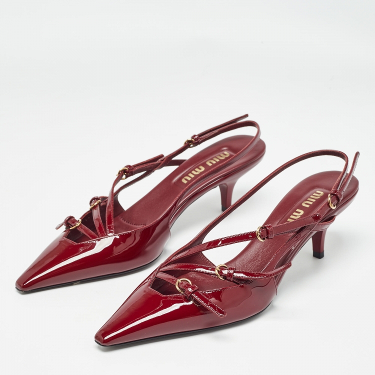 Pre Owned Miu Miu Burgundy Patent Slingback Pumps Size 37.5