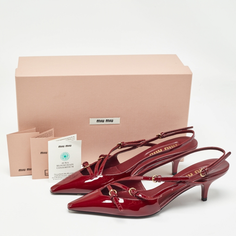 Pre Owned Miu Miu Burgundy Patent Slingback Pumps Size 37.5