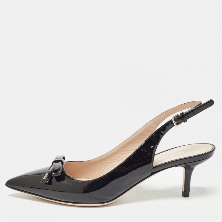 Pre Owned Miu Miu Black Patent Leather Bow Slingback Pumps Size 38.5