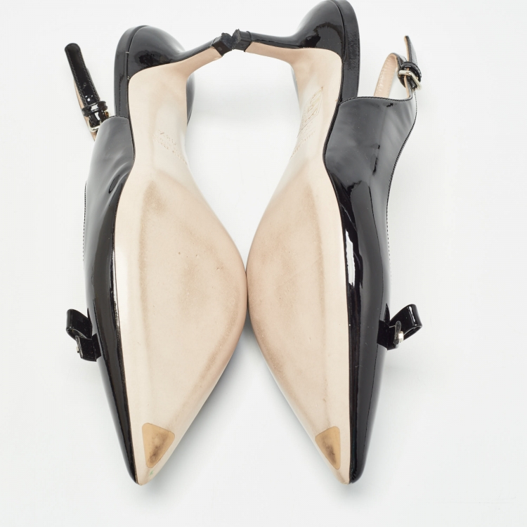 Pre Owned Miu Miu Black Patent Leather Bow Slingback Pumps Size 38.5