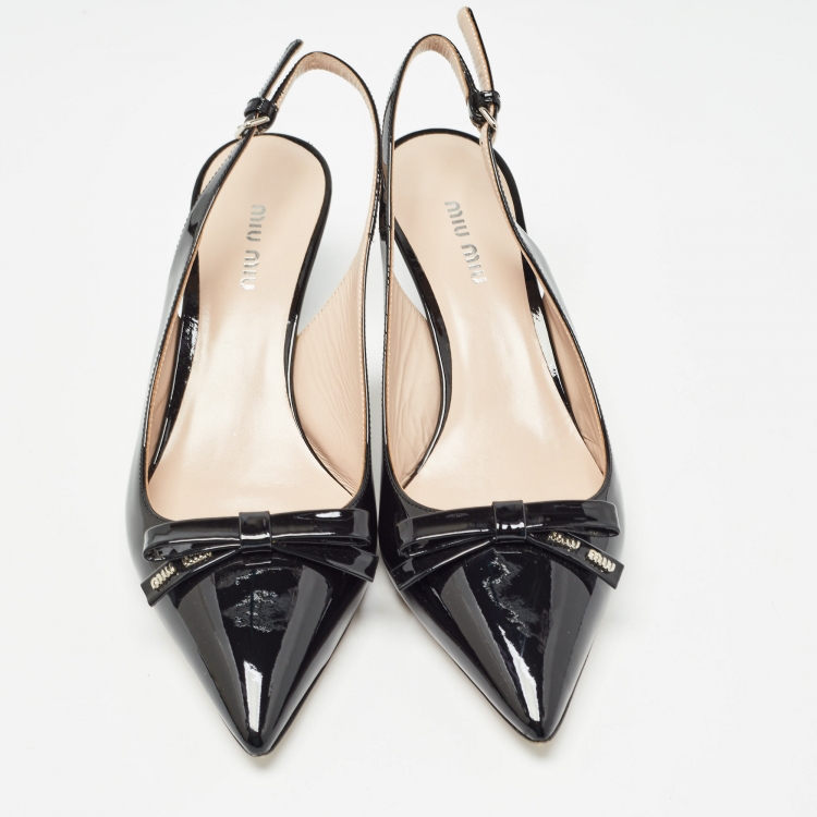 Pre Owned Miu Miu Black Patent Leather Bow Slingback Pumps Size 38.5