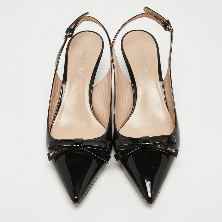 Pre Owned Miu Miu Black Patent Leather Bow Slingback Pumps Size 38.5