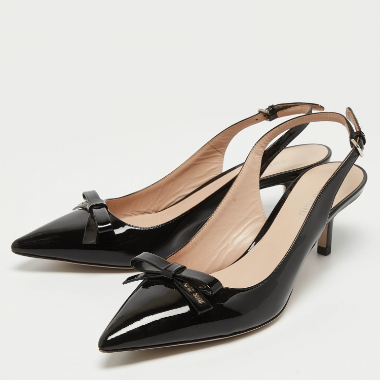 Pre Owned Miu Miu Black Patent Leather Bow Slingback Pumps Size 38.5