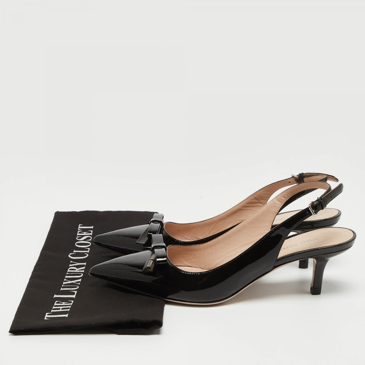 Pre Owned Miu Miu Black Patent Leather Bow Slingback Pumps Size 38.5