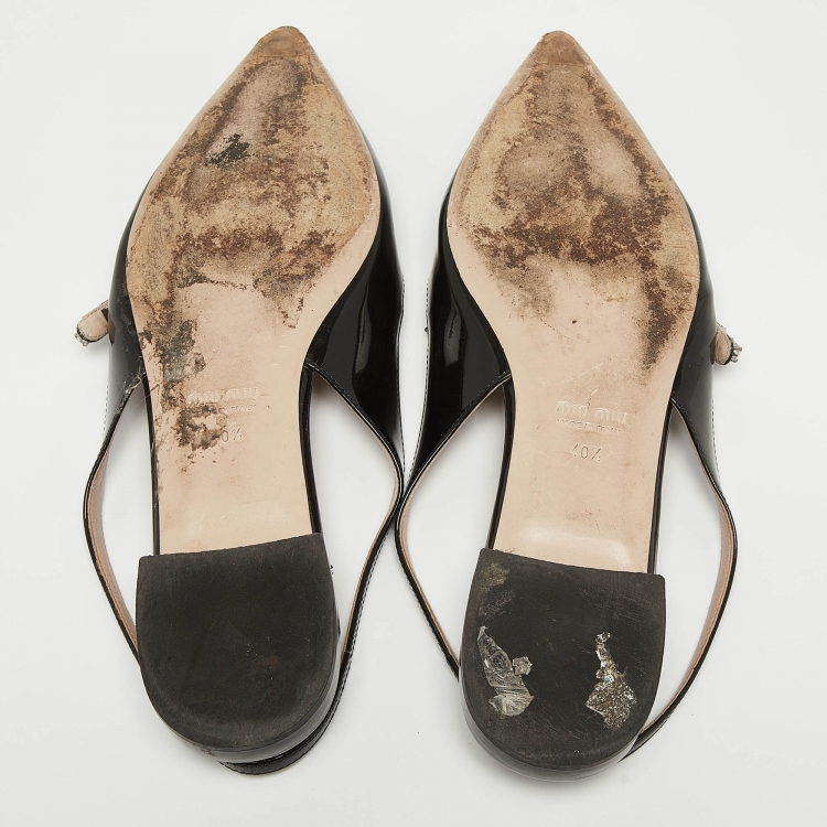 Pre Owned Miu Miu Black Patent Leather Crystal Embellished Slingback Flats Size 40.5