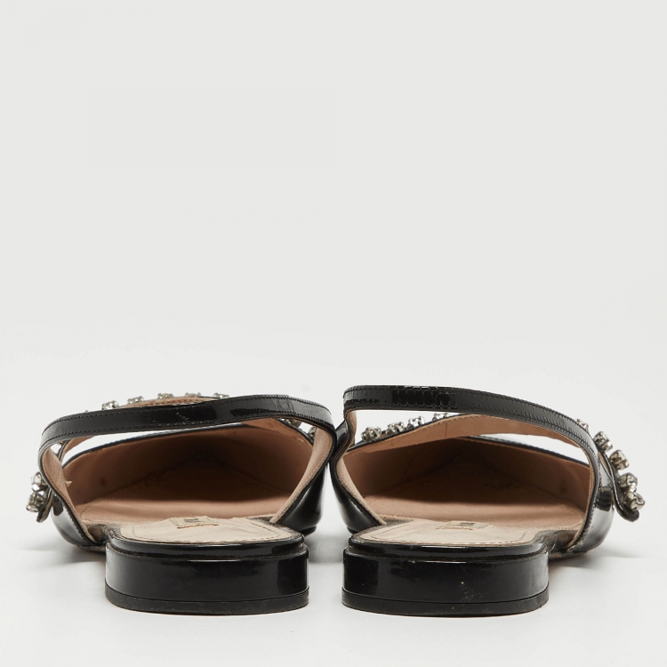 Pre Owned Miu Miu Black Patent Leather Crystal Embellished Slingback Flats Size 40.5