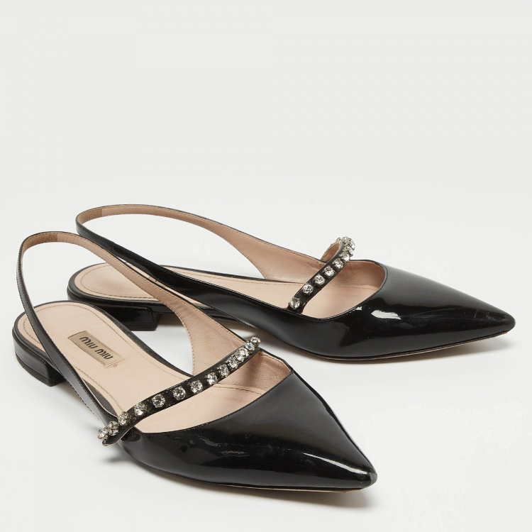 Pre Owned Miu Miu Black Patent Leather Crystal Embellished Slingback Flats Size 40.5