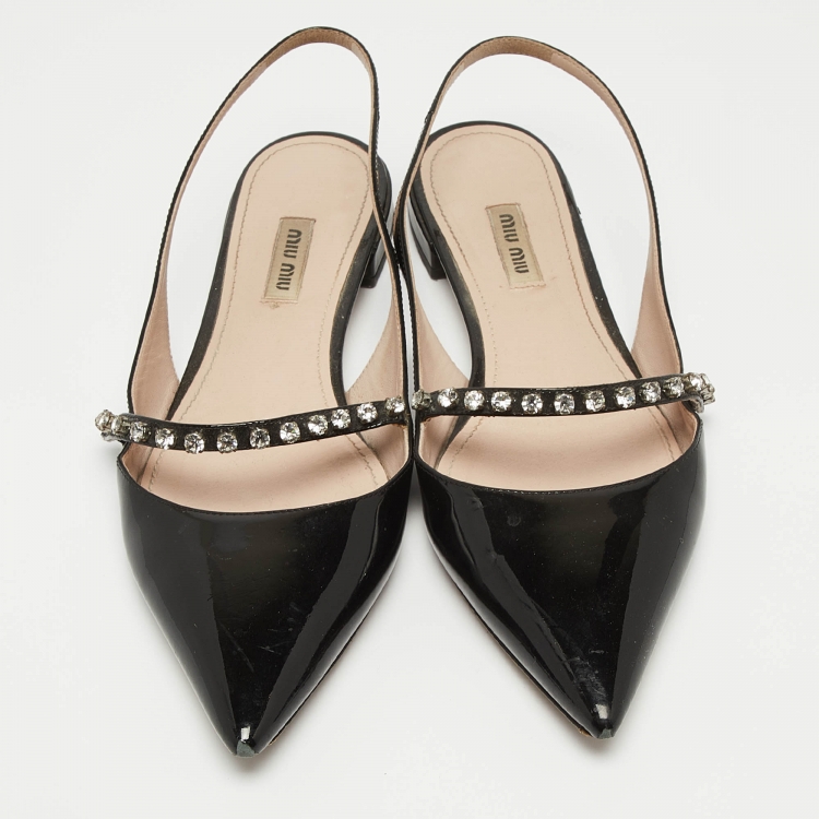 Pre Owned Miu Miu Black Patent Leather Crystal Embellished Slingback Flats Size 40.5