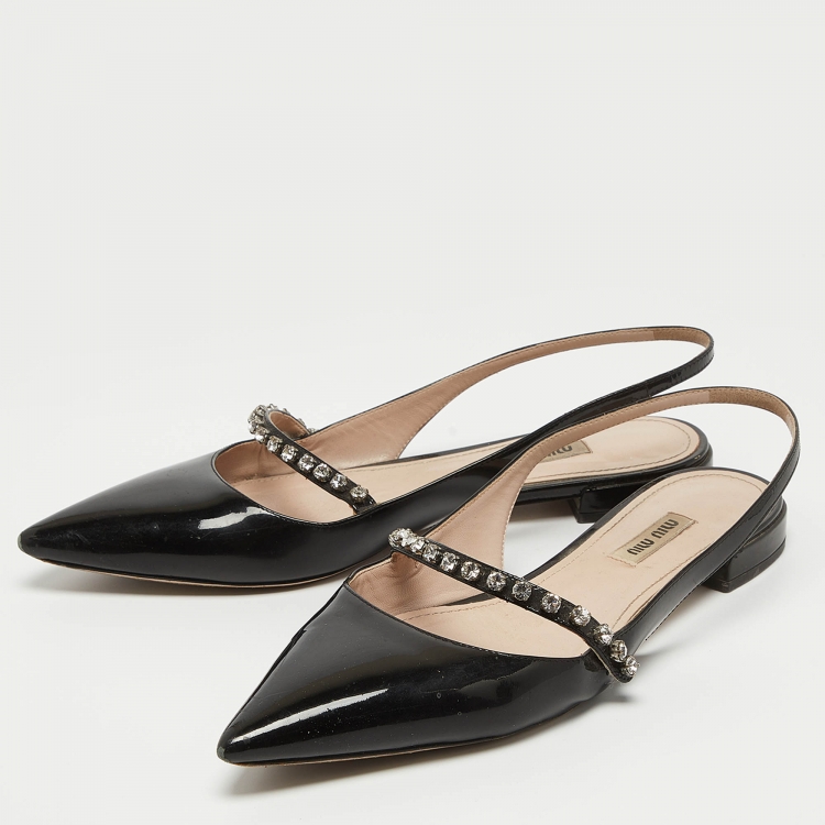 フラットシューズ Miu Miu SLINGBACK FLATS Miu Miu Black Patent Leather Crystal Embellished Slingback