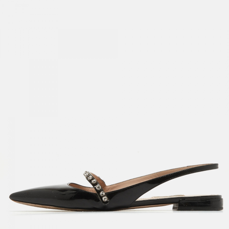 Pre Owned Miu Miu Black Patent Leather Crystal Embellished Slingback Flats Size 40.5