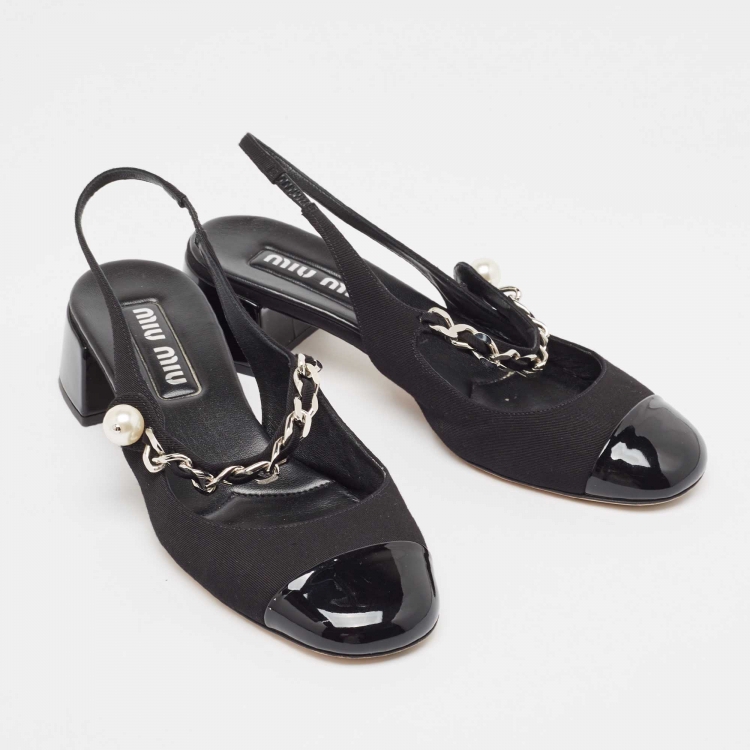 Pre Owned Miu Miu Black Canvas and Patent Leather Chain Detail Slingback Pumps Size 39