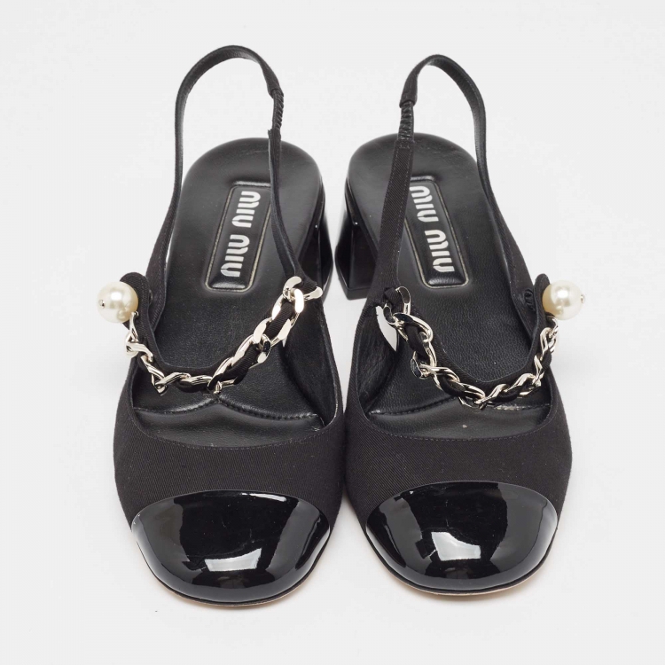 Pre Owned Miu Miu Black Canvas and Patent Leather Chain Detail Slingback Pumps Size 39