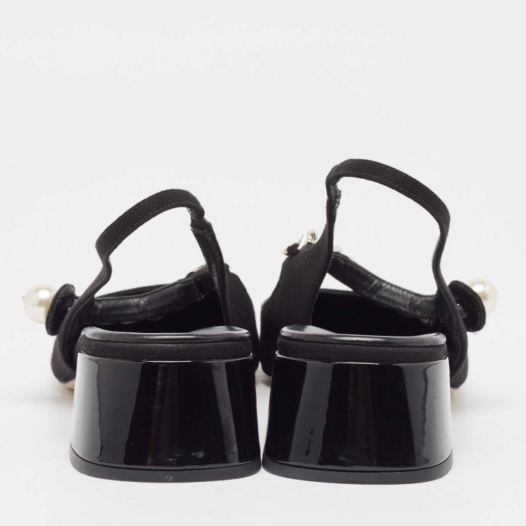 Pre Owned Miu Miu Black Canvas and Patent Leather Chain Detail Slingback Pumps Size 39