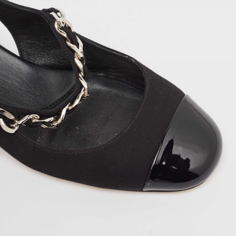 Pre Owned Miu Miu Black Canvas and Patent Leather Chain Detail Slingback Pumps Size 39