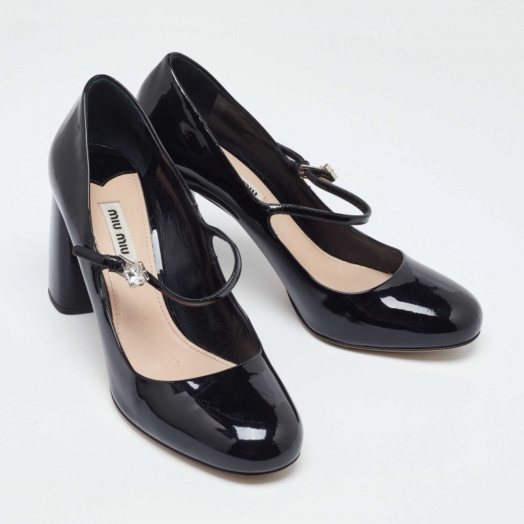 Pre Owned Miu Miu Black Patent Leather Mary Jane Block Heel Pumps Size 39