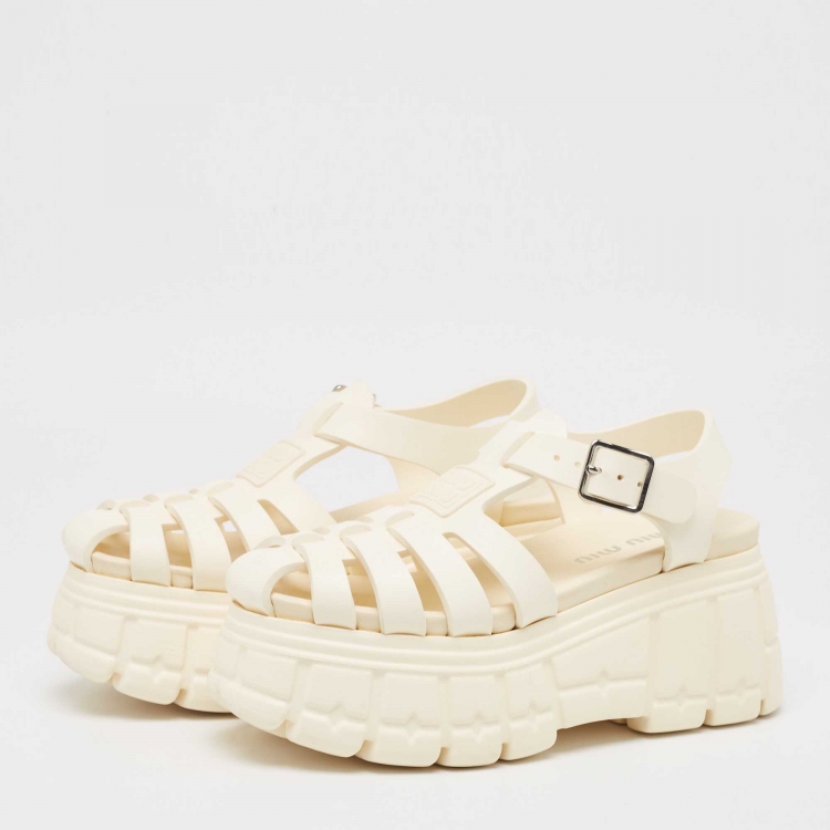 Pre Owned Miu Miu Cream Rubber Soft Cage Platform Sandals Size 37