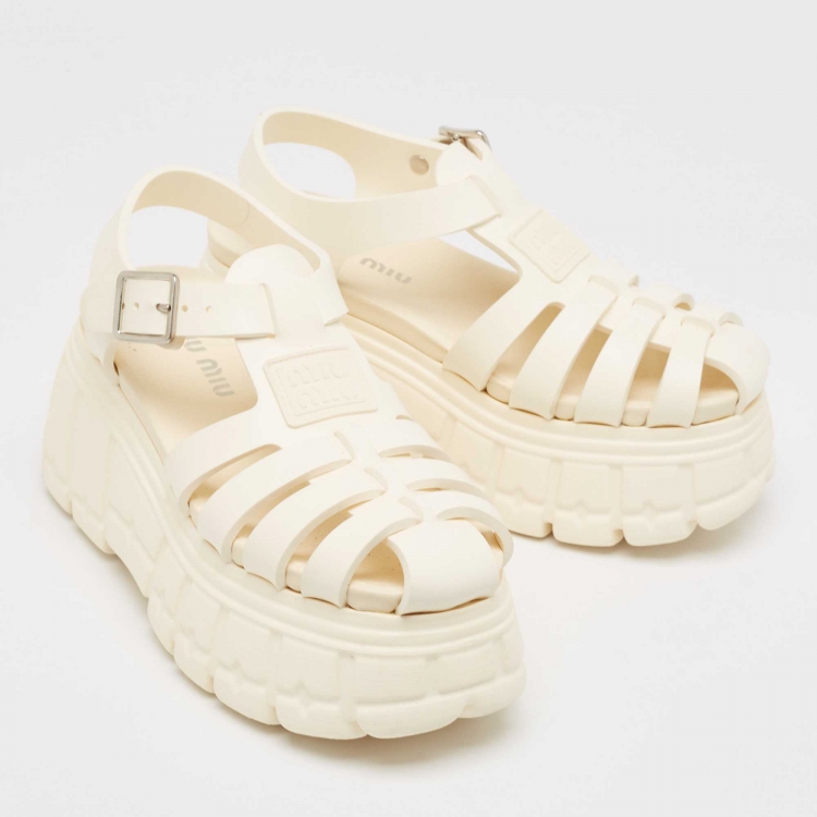 Pre Owned Miu Miu Cream Rubber Soft Cage Platform Sandals Size 37