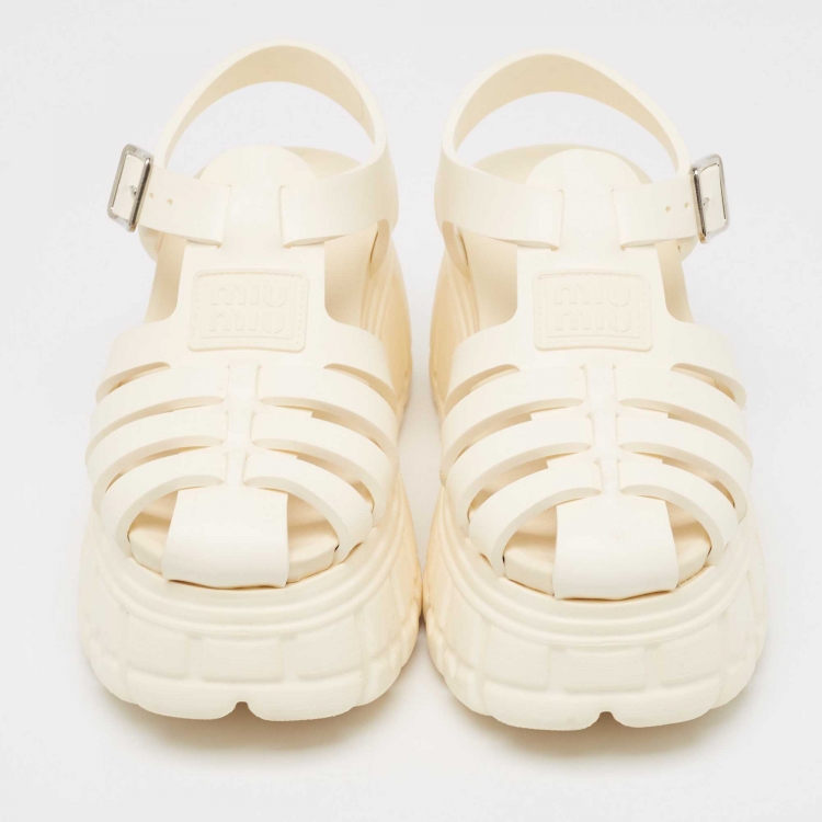Pre Owned Miu Miu Cream Rubber Soft Cage Platform Sandals Size 37