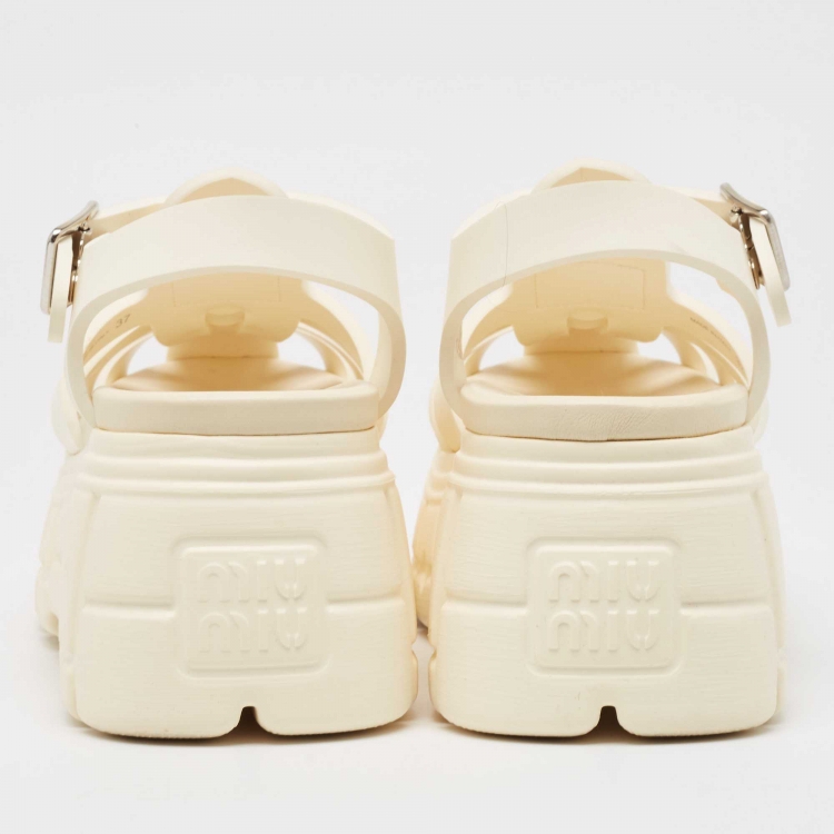Pre Owned Miu Miu Cream Rubber Soft Cage Platform Sandals Size 37